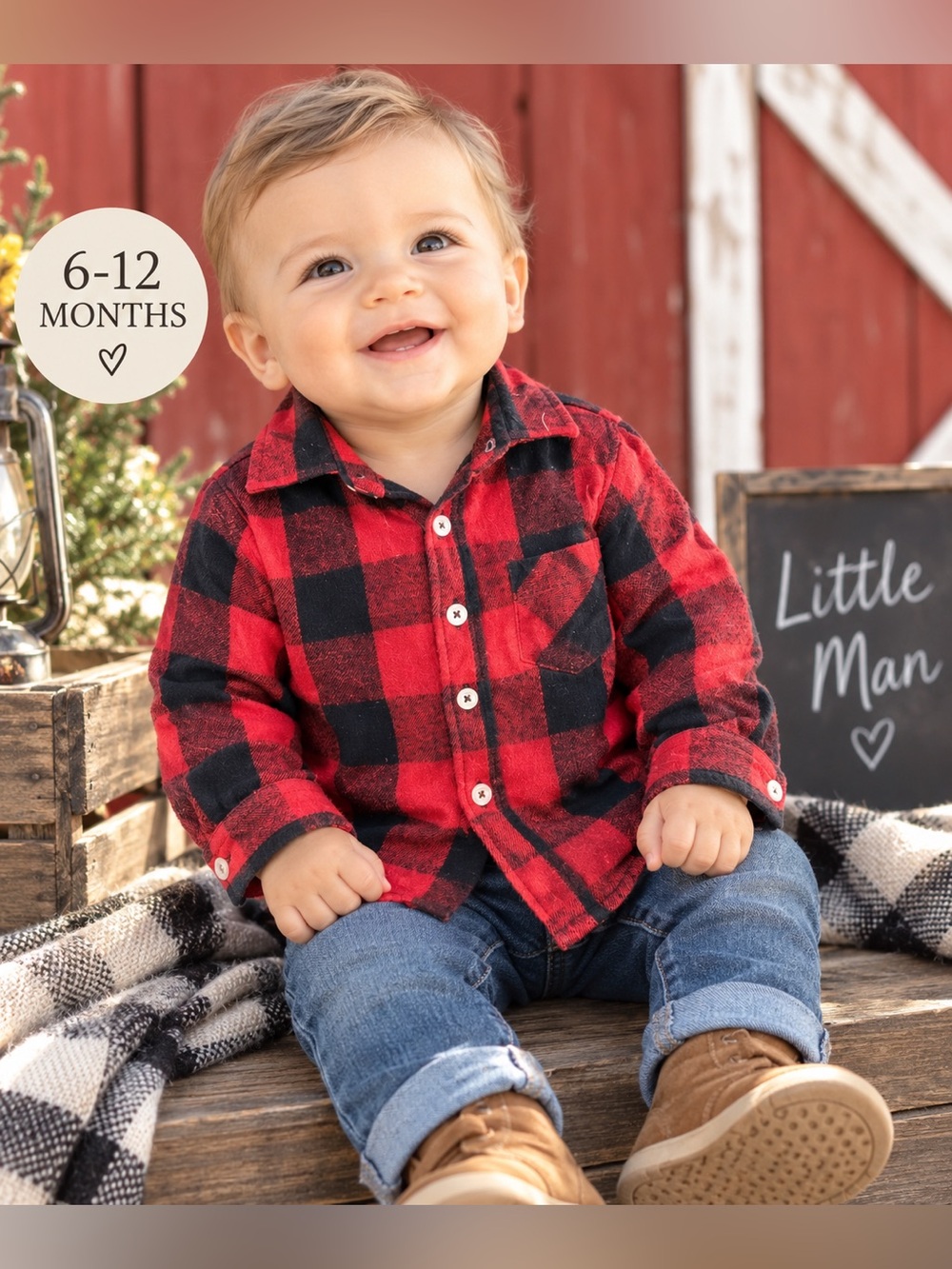 Baby Boy Red & Black Buffalo Plaid Flannel Button-Up Shirt 6–12M